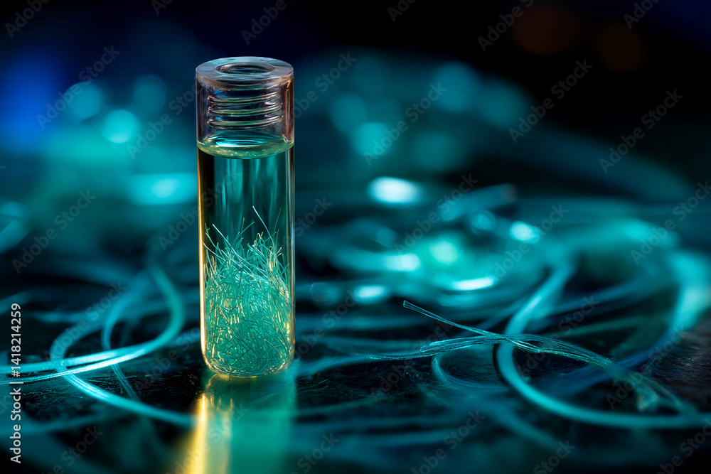 Poster glass vial with teal liquid and thin filaments, resting on a dark teal surface with blurred backgrou