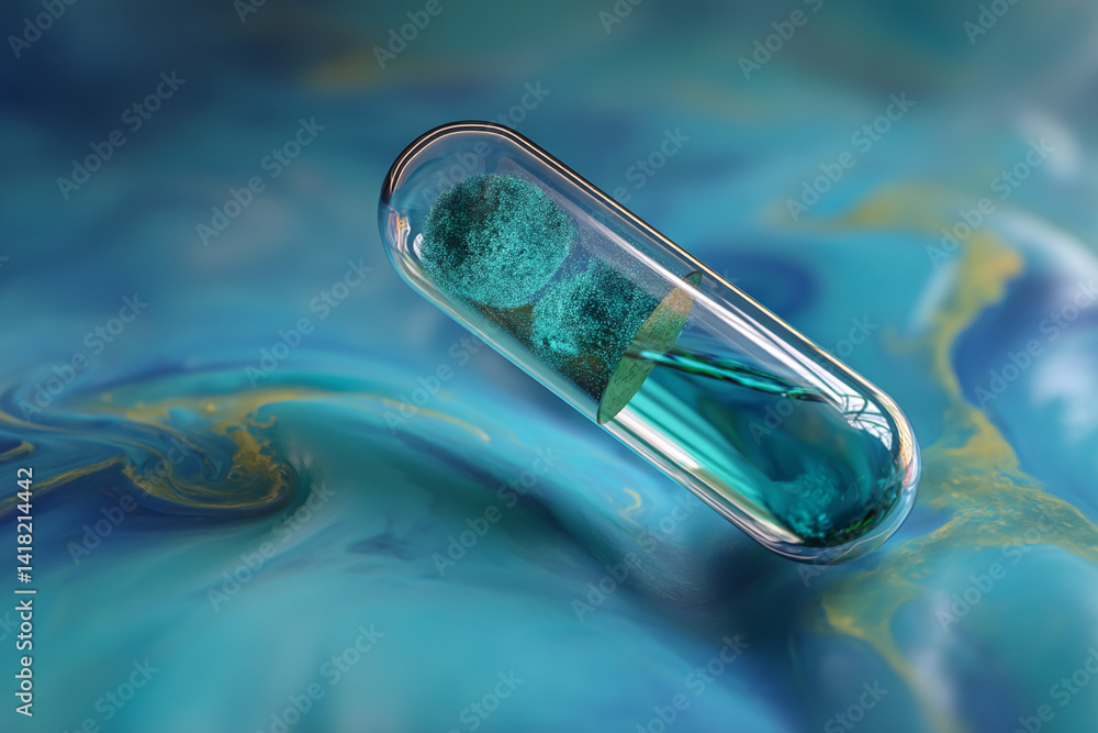 Poster glass capsule with teal liquid and particle cluster, resting on an abstract blue and gold background
