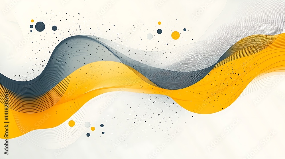Poster abstract waves in black and yellow, abstract waves in black and yellow with dotted patterns on a lig