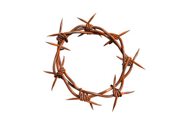 Fototapeta premium A rusty crown of thorns, a poignant symbol of sacrifice and suffering, isolated against a stark white background.
