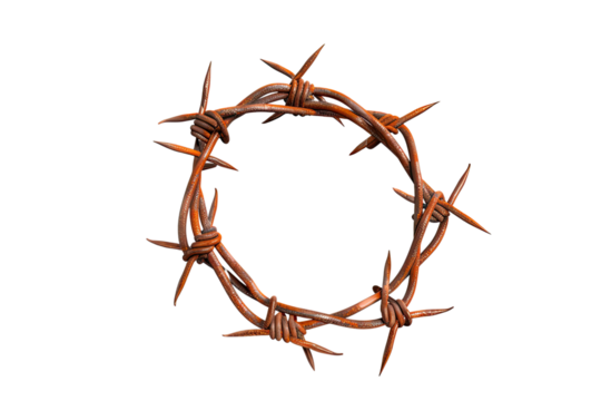 A rusty crown of thorns, a poignant symbol of sacrifice and suffering, isolated against a stark white background.