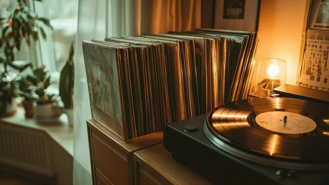 Warmly lit room, vinyl records stacked beside turntable