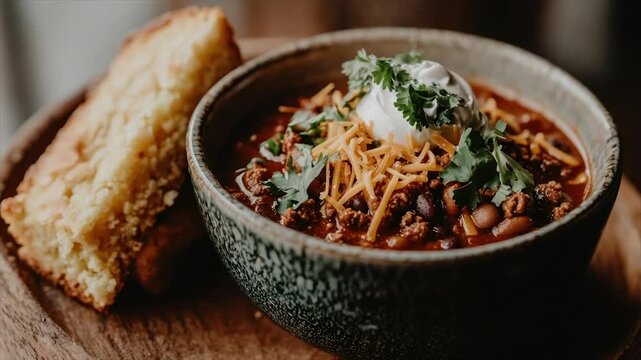 Hearty beef chili, topped with cheese, sour cream, and cilantro, served with cornbread