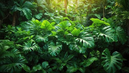 A close-up view of lush tropical foliage featuring large, glossy green leaves, including split and elongated forms