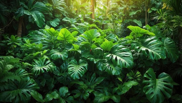 A close-up view of lush tropical foliage featuring large, glossy green leaves, including split and elongated forms