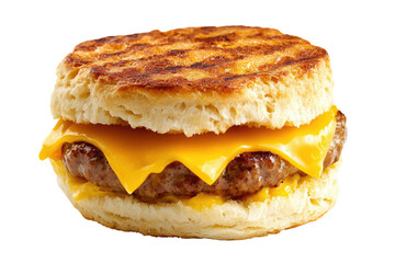 A savory sausage and cheese biscuit sandwich, perfect for a quick and satisfying breakfast, with golden-brown, toasted biscuit layers and melted cheese.