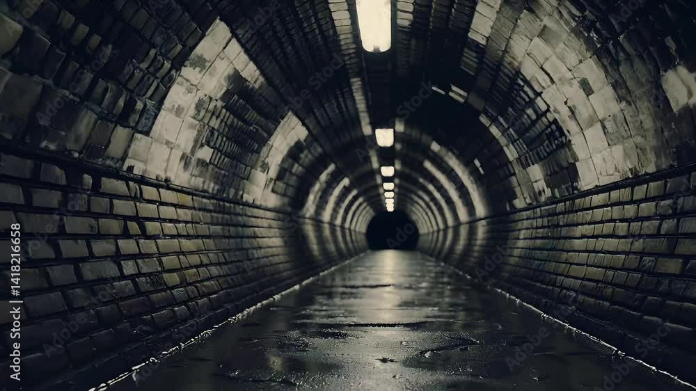 Poster mystical brick tunnel with illuminated pathway and reflective surface