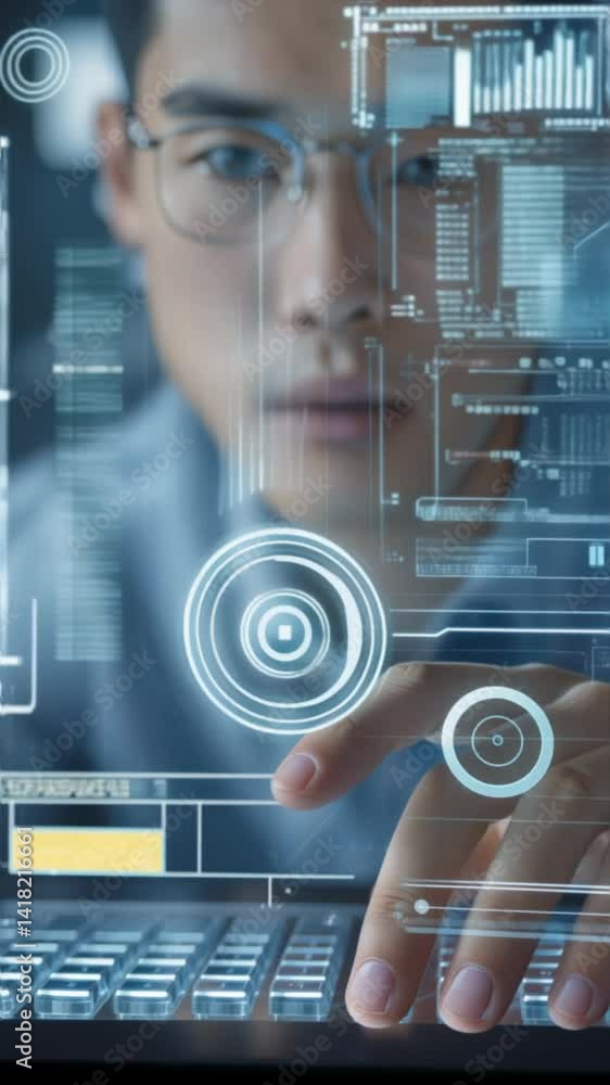 Poster close-up of a professional using a futuristic digital interface, engaging with holographic data, cha
