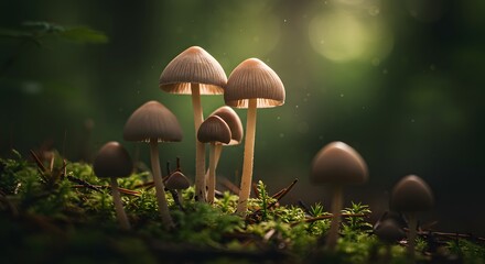 Fototapeta premium Enchanted Forest: Mushrooms in Mossy Sunlight