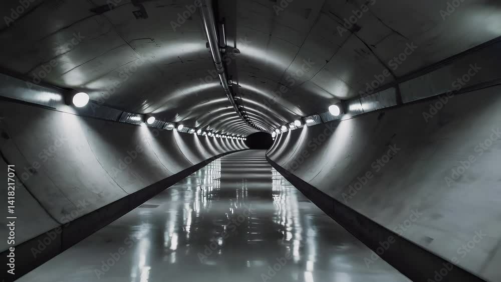 Poster mysterious endless tunnel with bright lights and smooth surface