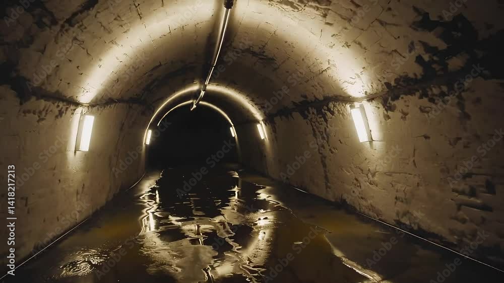 Poster mysterious dim tunnel with gleaming reflection on wet floor