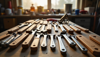 Naklejka premium Organized hand tools on workbench in cluttered garage, craftsmanship focus