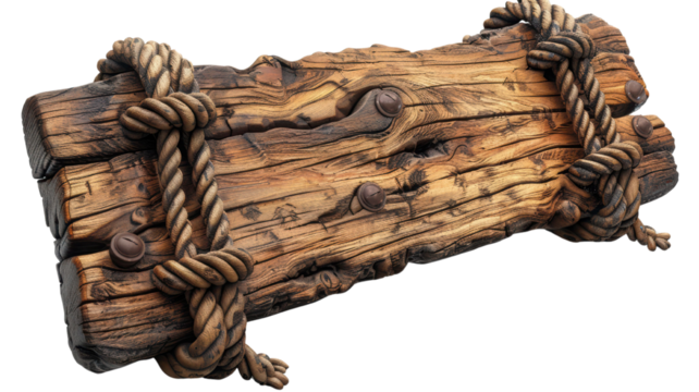 Wooden sign with ropes isolated on white or transparent.png