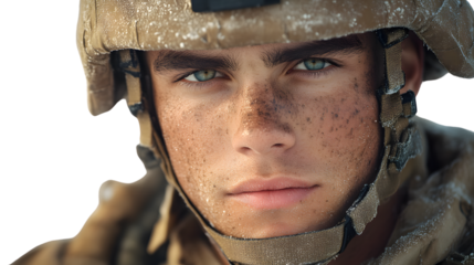 Closeup portrait of a soldier in cold weather gear