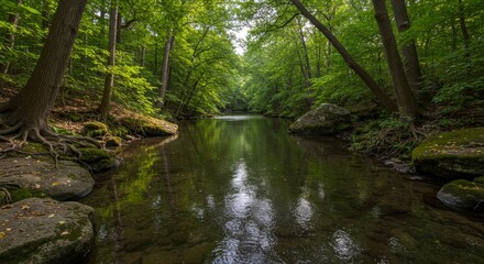 Obraz premium Serene Forest Stream - Calm river flowing through a lush green forest, reflecting the surrounding trees and foliage. Peaceful nature scene