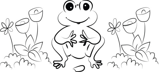 Black and white cartoon illustration of a cute lion, a funny animal character