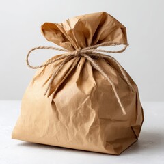 Brown paper bag tied with twine on white background