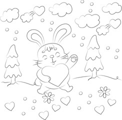 A cute cartoon baby bunny vector illustration with a pink heart and flower design for a fun animal art card