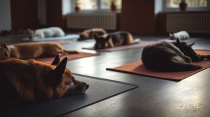 Relaxed dogs resting on yoga mats in a cozy studio setting
