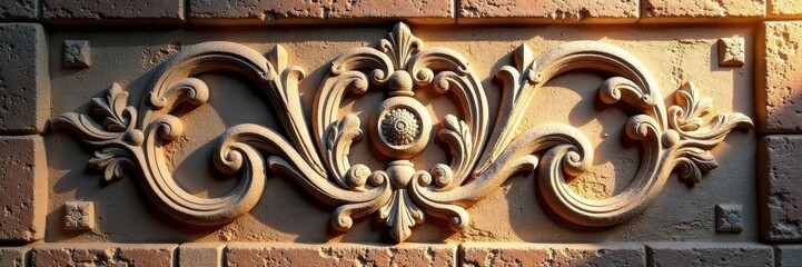 Ornate stone carving on aged brick wall, sunlight highlights detail, detail, stone