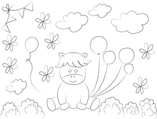 A cute baby angel bear flies through a cloudy sky, a funny illustration perfect for a children's coloring book or a loving holiday card