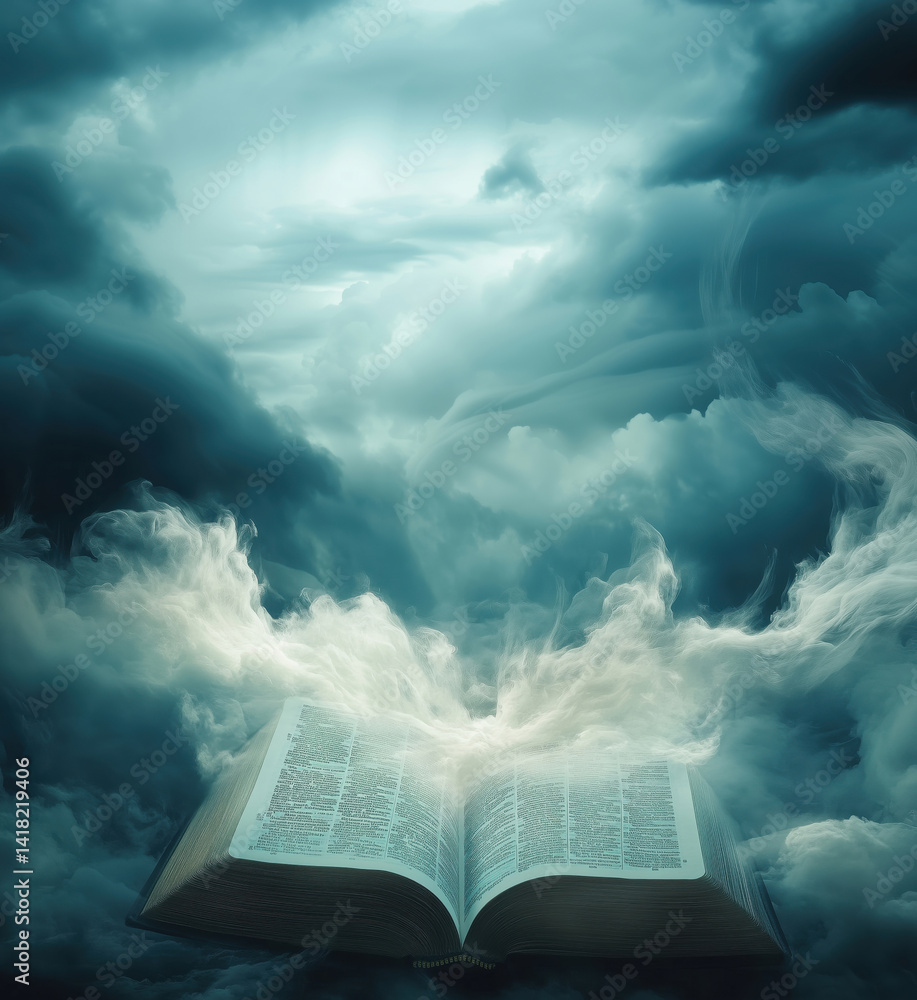 Poster open book floating in ethereal clouds, emanating mystical light and fog, symbolizing knowledge and i
