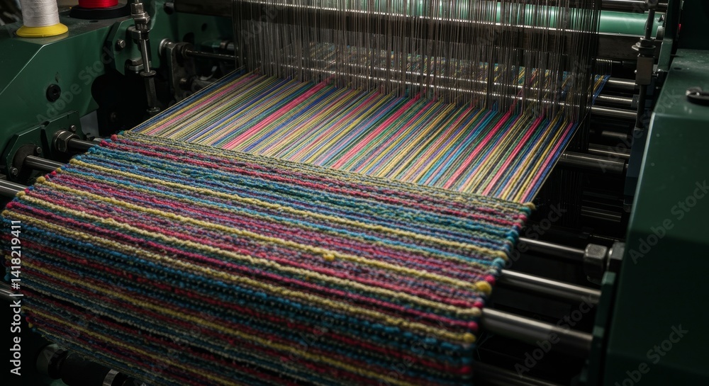Poster textile weaving machine in action - close-up view of a textile weaving machine creating a vibrant st