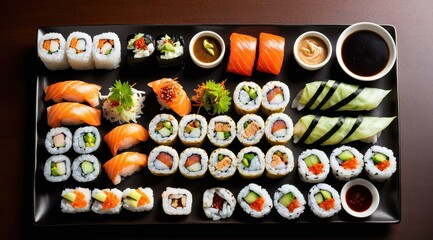 A vibrant sushi platter featuring assorted rolls, nigiri, and dipping sauces arranged on a dark rectangular plate