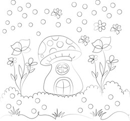 A cartoon vector illustration shows a little child with an umbrella in the wet autumn rain