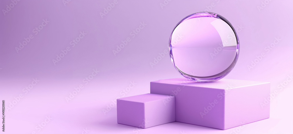 Poster transparent glass sphere reflecting light on soft purple background with geometric shapes, creating 