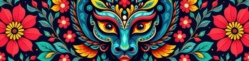 Fototapeta premium Stylized tribal mask, bold floral & angular patterns, ethnic, vintage