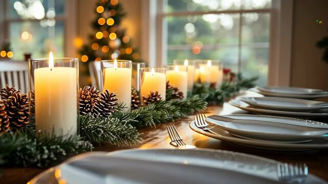 Christmas dinner table setting, warm lights, festive decorations