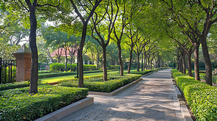 Fototapeta premium Sunlit Pathway Through Lush Gardens