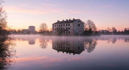 Obraz premium Sunrise Lake House Reflection - Serene sunrise over a tranquil lake, reflecting an abandoned building. Symbolizing peace, mystery, forgotten history, nature's beauty, and time's passage