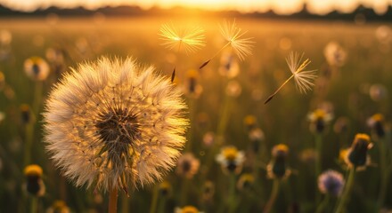 Sunset Dandelion Wishes - A single dandelion in a field at sunset, seeds blowing in the wind. Peaceful and serene nature