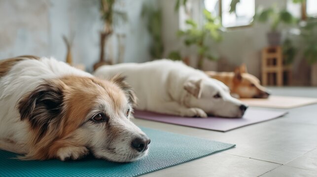 Relaxed dogs resting on yoga mats in a cozy home environment - Powered by Adobe