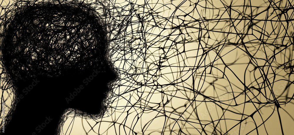 Aufkleber abstract representation of human mind with tangled thoughts and emotions, silhouette of a head surro