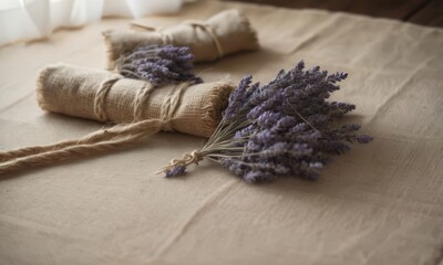 Rustic Lavender Bundles Wrapped in Burlap and Tied with Twine on Linen