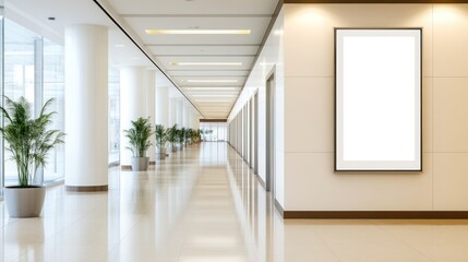 Fototapeta premium Modern, spacious office hallway with blank advertising display.