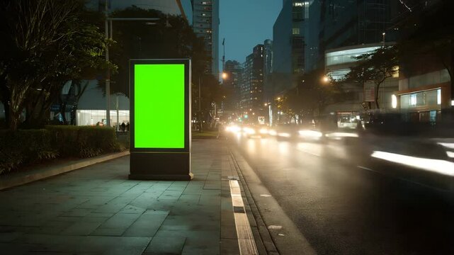 Vertical green screen billboard on city sidewalk at night – perfect mockup for digital advertising, event promotion, or urban marketing campaigns with cinematic atmosphere

