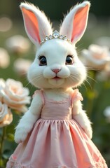 Obraz premium White antropomorphic bunny girl in the pink dress and tiara on the head, blooming roses on the background