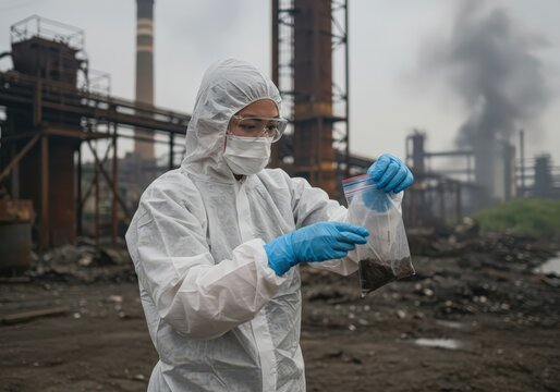 Woman collecting soil sample in protective suit at polluted industrial site for environmental testing and contamination analysis to monitor soil quality and pollution levels