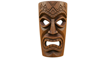 Isolated Wooden Tiki Mask with Intricate Carvings and Details