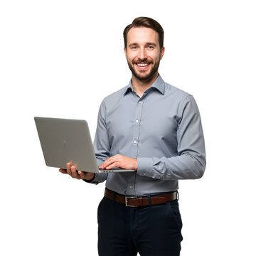 Businessman Holding Laptop and Smiling, PNG format