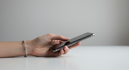 Woman's Hand Holding Smartphone - Close-up of a woman's hand holding a smartphone on a white table. Minimalist