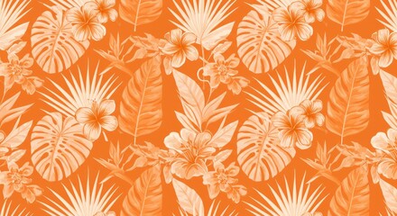 Vibrant Orange Tropical Leaf and Flower Pattern - pattern design featuring tropical flowers and leaves in orange and white. Symbolizes summer, warmth, paradise, nature, and tranquility