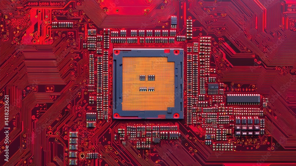 Poster futuristic circuit grid data flowing through motherboard technology hub digital art abstract close-u