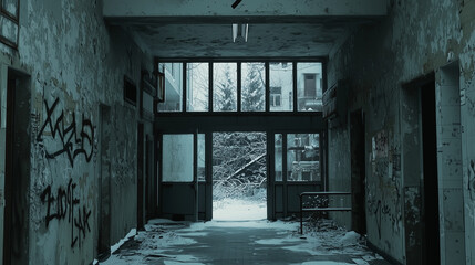Obraz premium Abandoned building hallway with peeling paint and graffiti, snow-covered floor, and wintry urban scene through broken door.