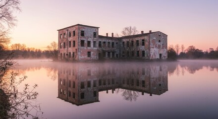 Fototapeta premium Abandoned Mansion at Dawn - A serene of an abandoned mansion reflected in a calm lake at sunrise. Misty atmosphere adds to the mystery