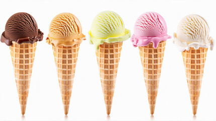 Ice cream in a cone, Ice cream cone isolated on white background, Set of different color of ice cream scoop on waffle cones isolated on white background